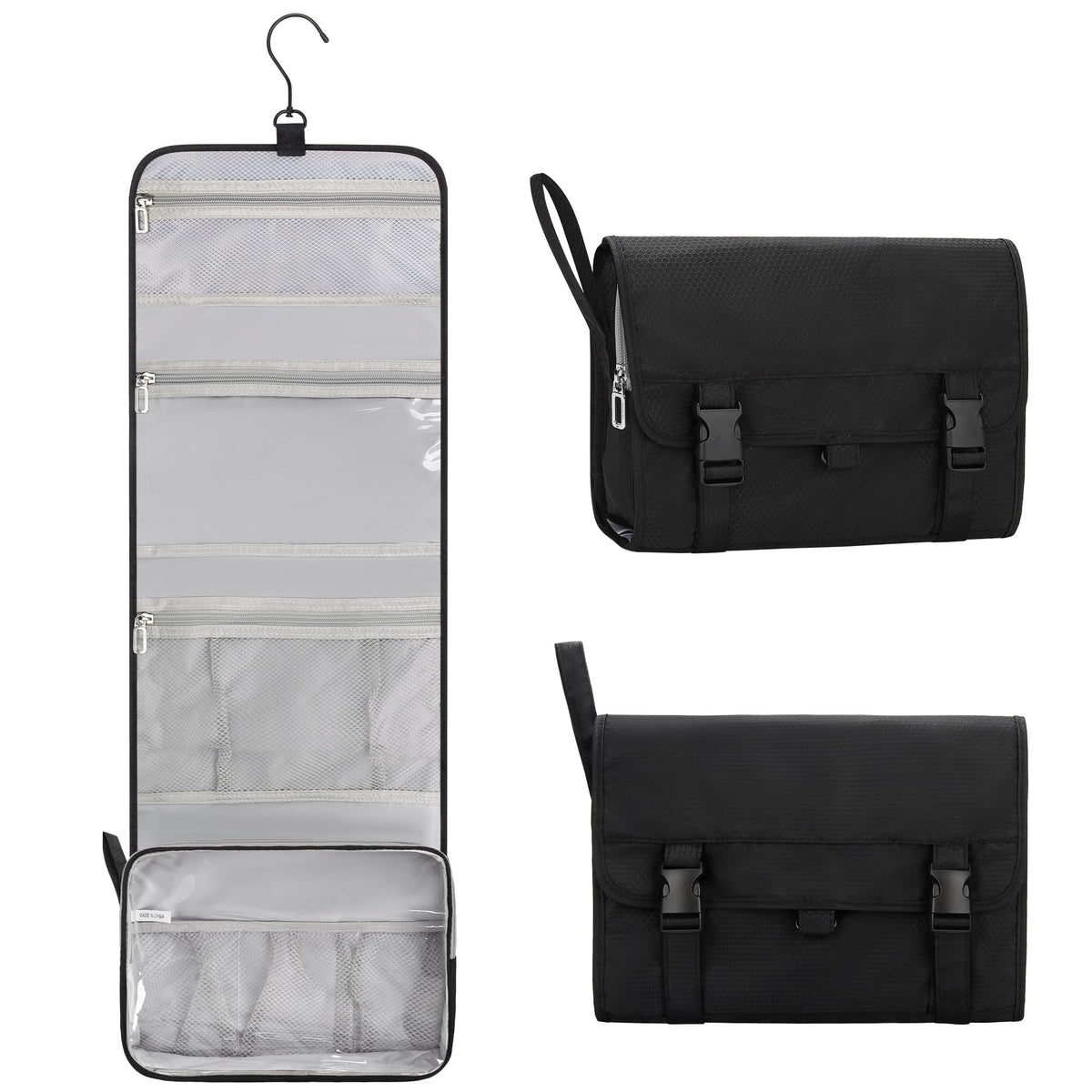 Relavel front view of hanging toiletry bag showing organized compartments and portability