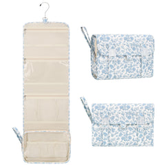 Relavel front view of folded toiletry bag showing compact convenience