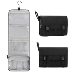 Relavel front view of hanging toiletry bag showing organized compartments and portability