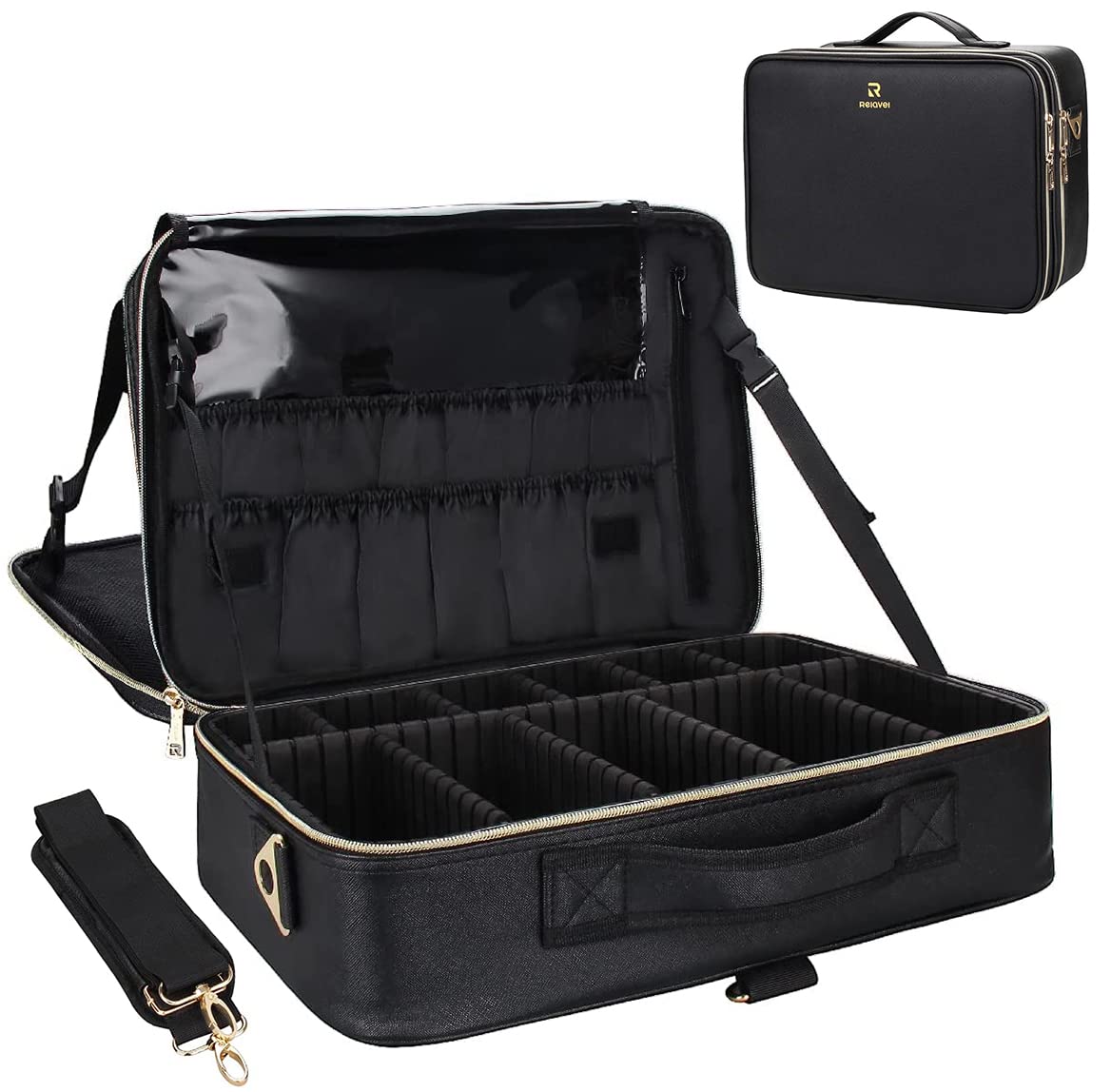 Relavel front view of large makeup case showing professional look and protection