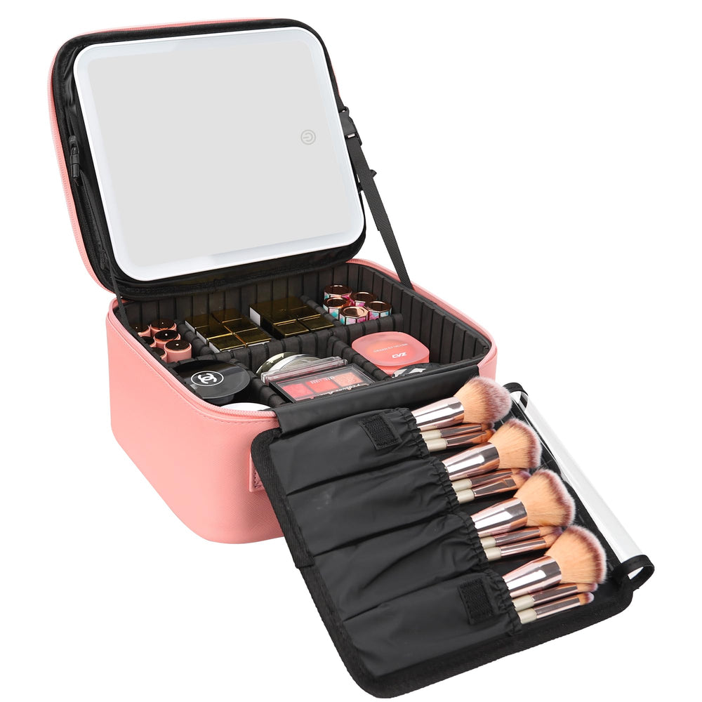 Relavel front view of pink train case showing compact, travel-ready design and easy carry