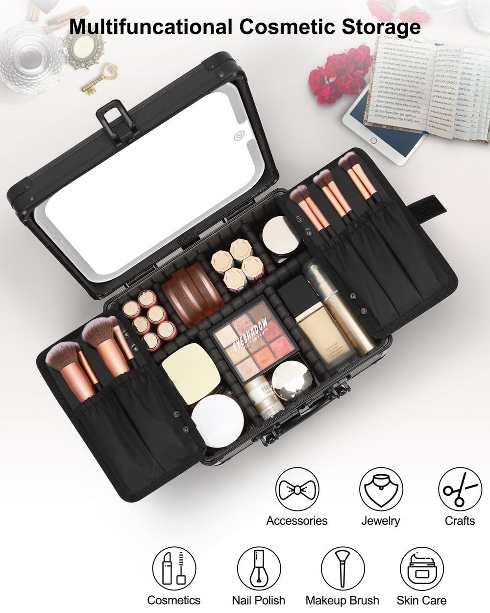 Relavel on dresser in lifestyle scene offering portable, professional lighting for beauty routines
