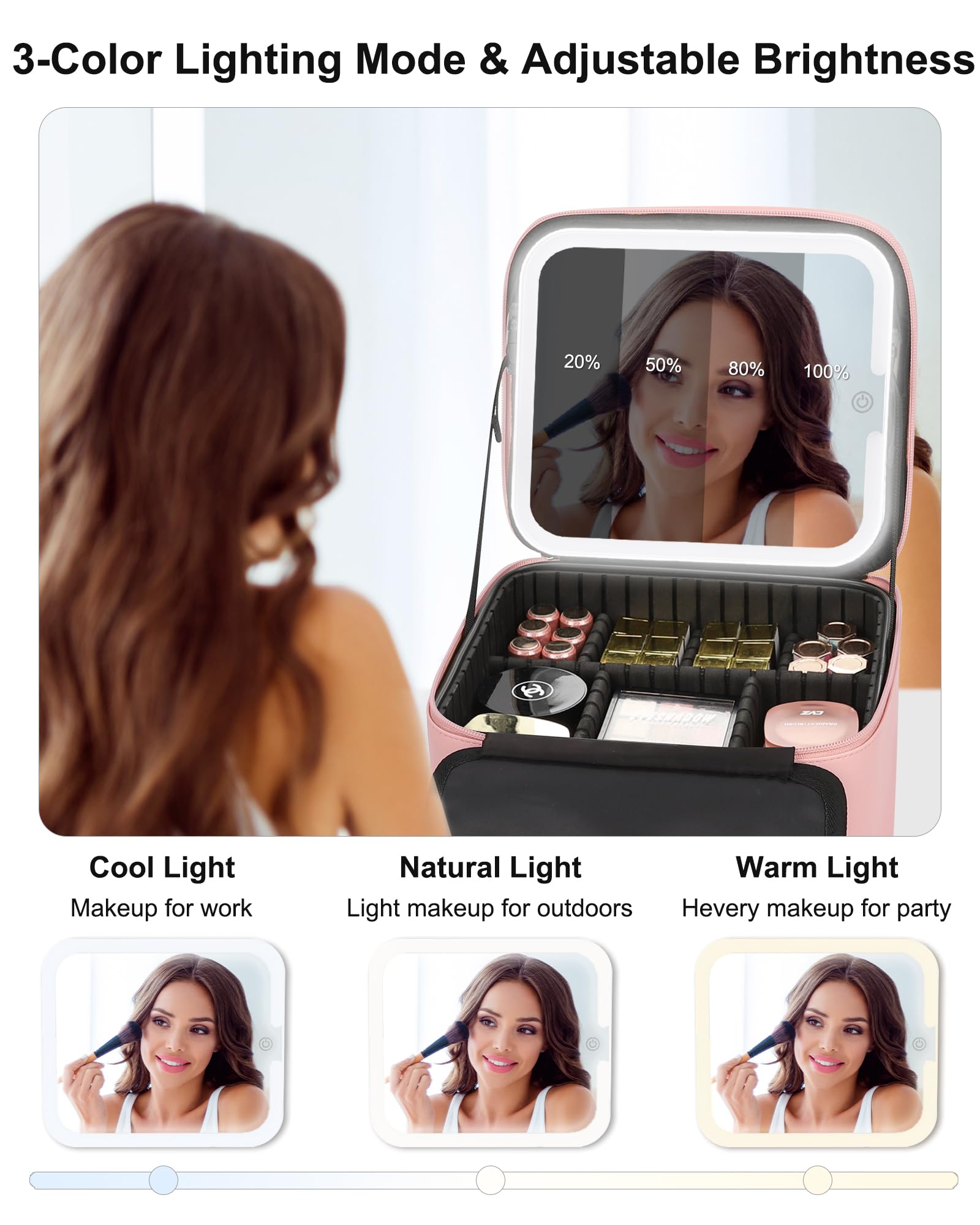 Relavel LED mirror lit demonstrating adjustable color temperature for accurate makeup