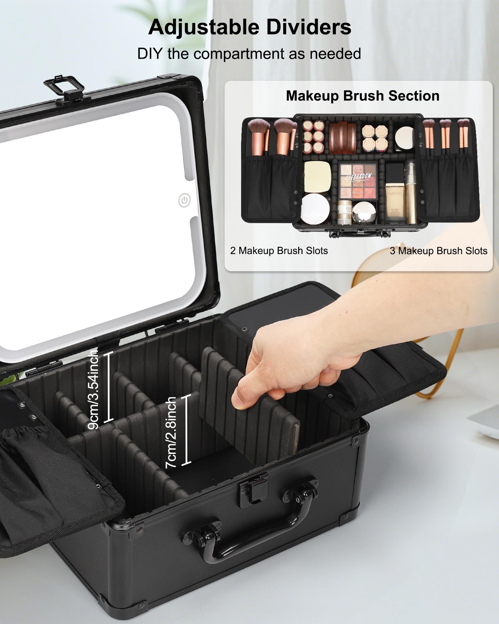 Relavel LED mirror close-up illuminated showing three-color light options for accurate makeup