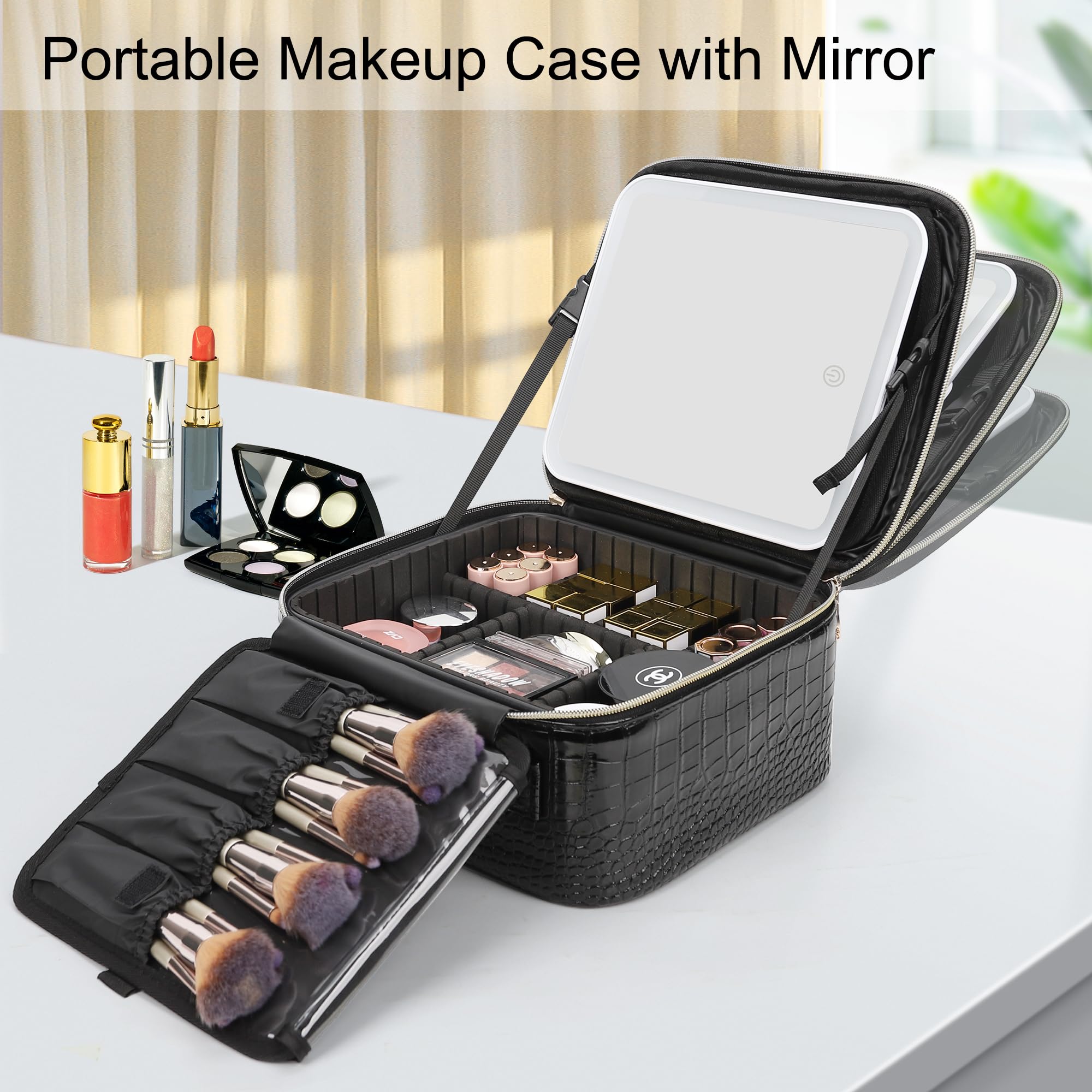 Relavel train case in travel setting packed into luggage showing convenience for trips