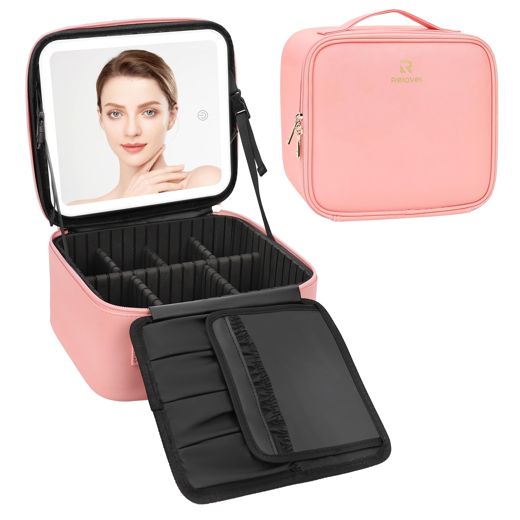 Relavel lifestyle setup on a travel vanity showing illuminated mirror and organized cosmetics