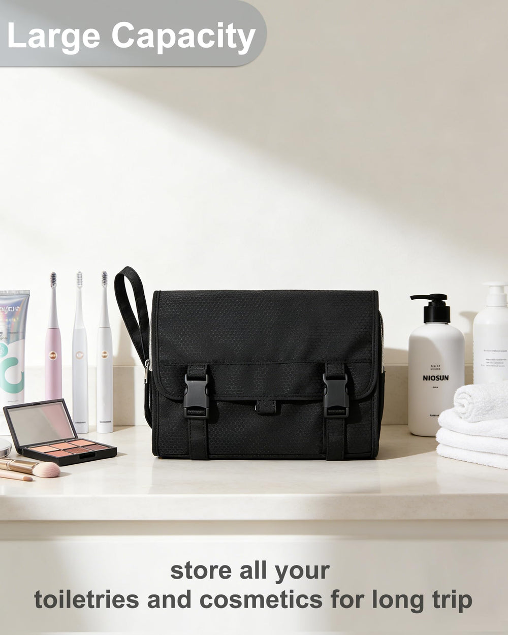 Relavel metal swivel hook in use hangs bag for counter-free bathroom access
