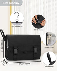 Relavel open toiletry bag showing four zippered compartments for neat storage