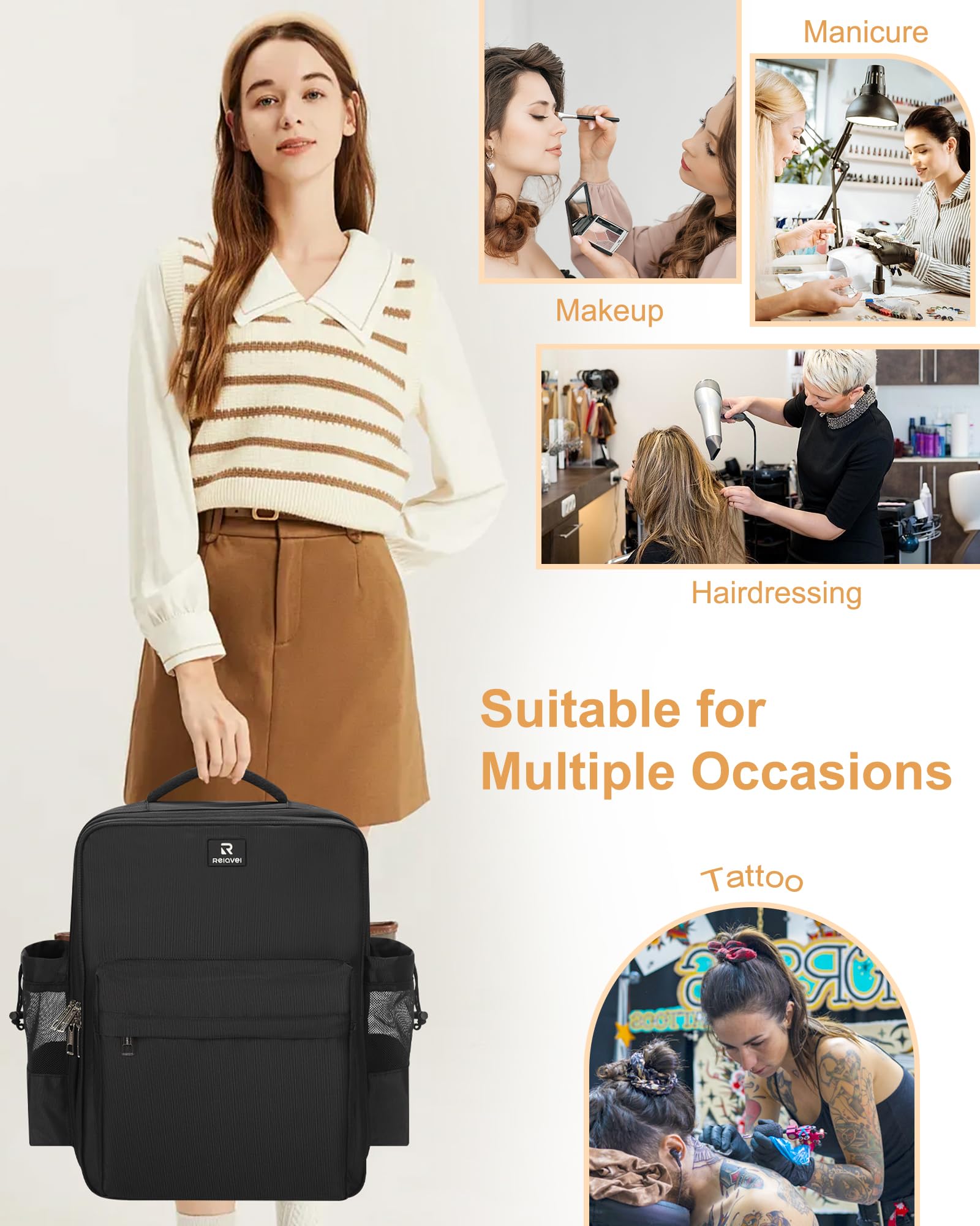 Relavel backpack next to professional tools to show capacity and scale
