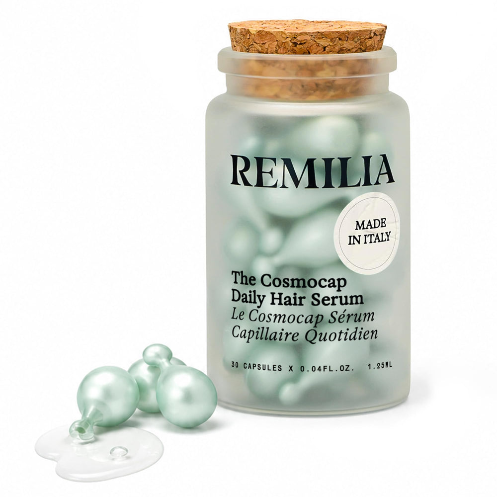 Remilia Hair front packaging and capsules showing portable daily use benefit