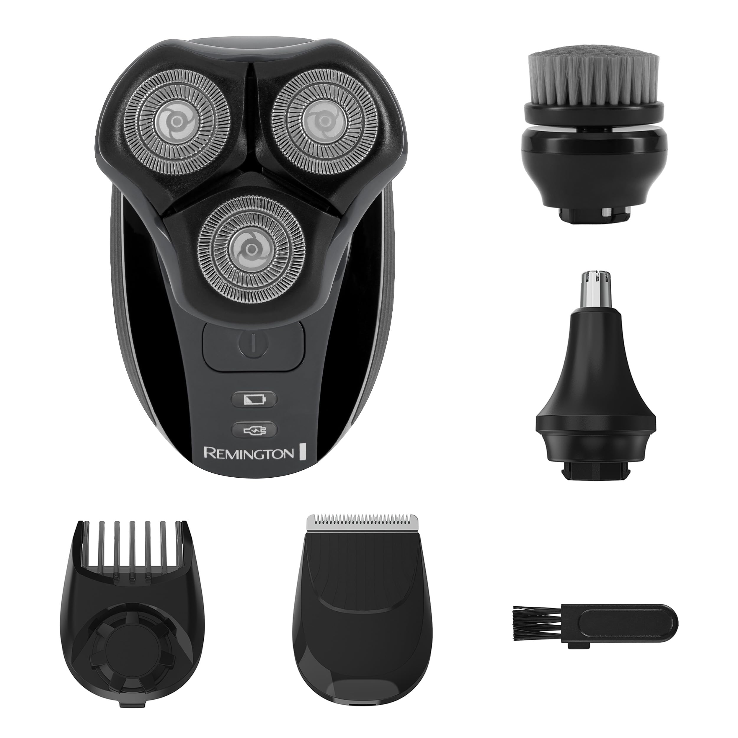 Remington Balder front view showing compact shaver and accessories for versatile grooming