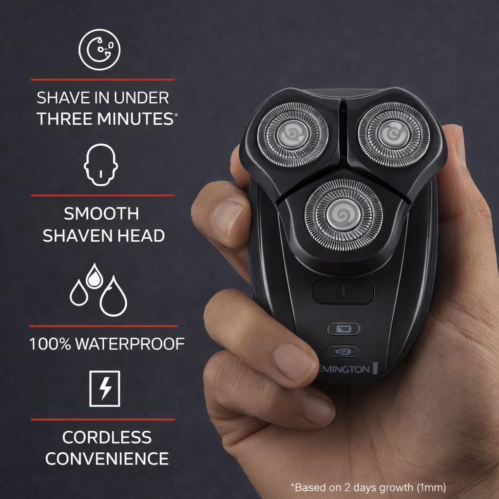Remington Balder closeup of three dual-track heads showing precise, fast shaving