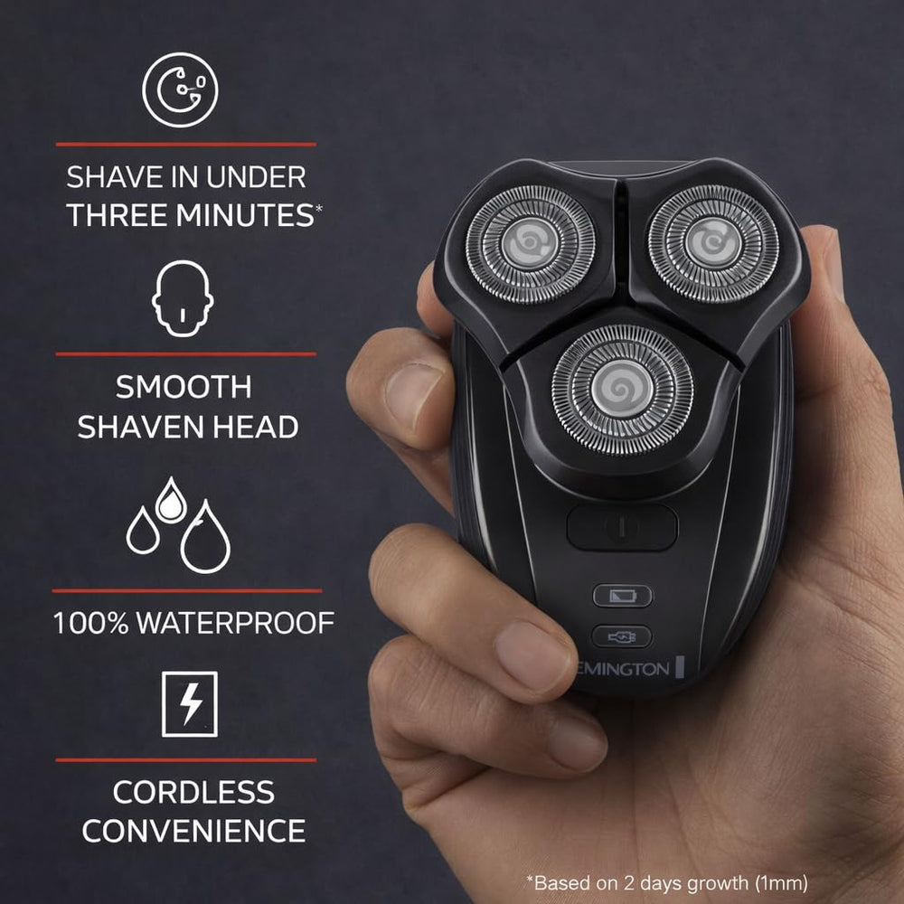Remington Balder closeup of three dual-track heads showing precise, fast shaving