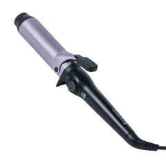 Remington clipped curling iron front view showing ergonomic handle and clip for control