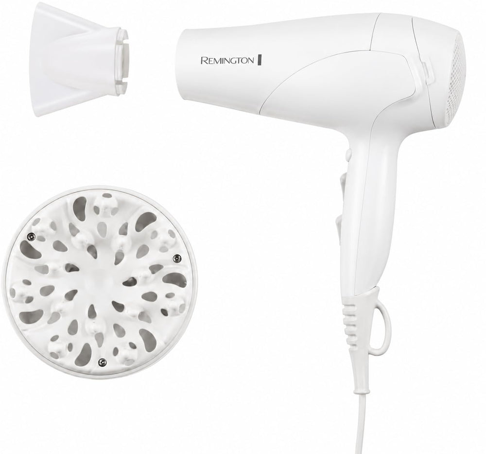 Remington hair dryer front view showing sleek design and fast drying benefit