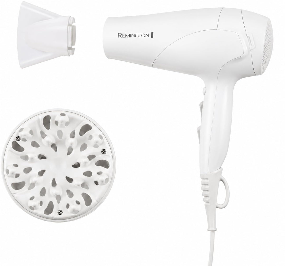 Remington hair dryer front view showing sleek design and fast drying benefit