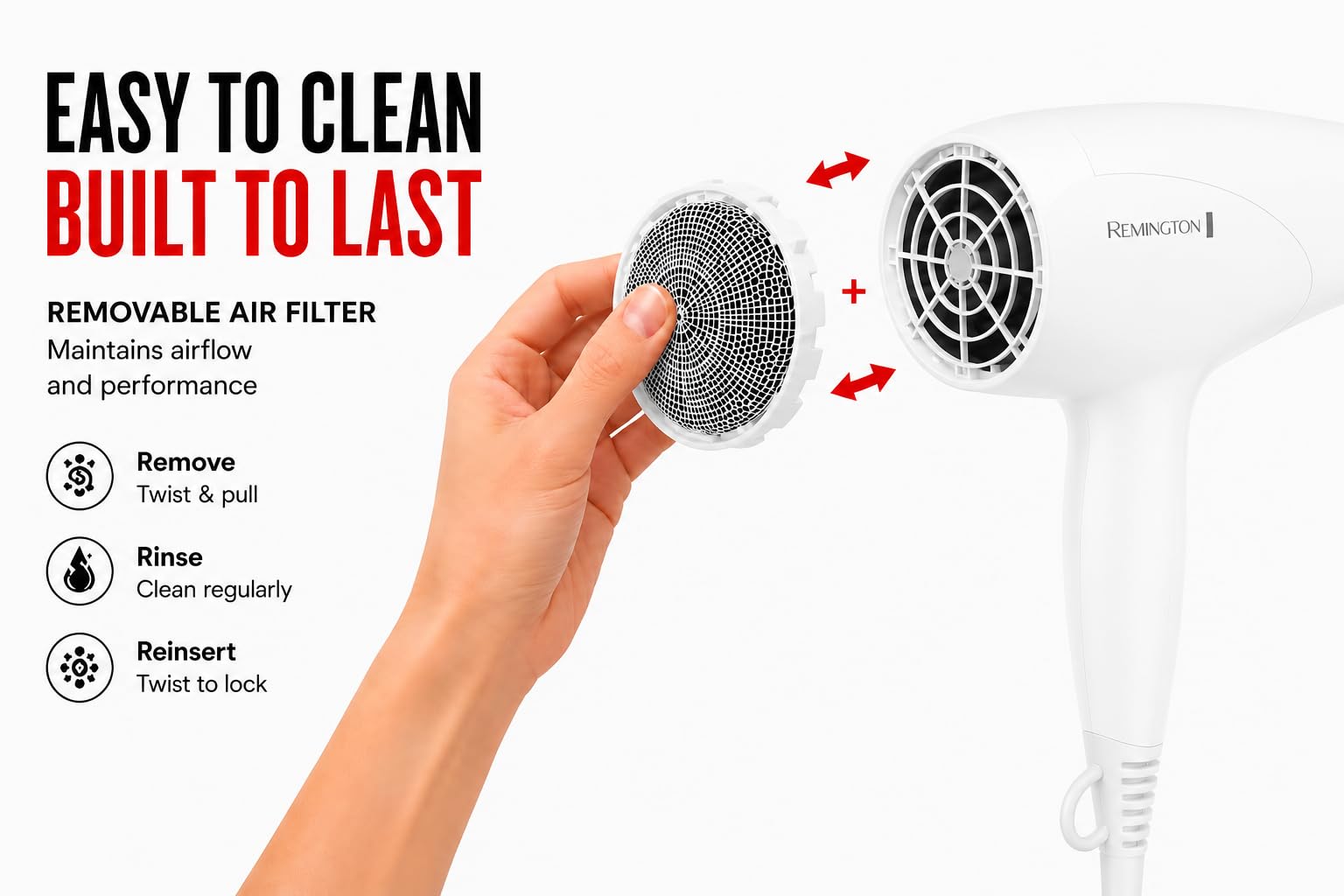 Remington removable filter removed to show easy cleaning and maintained airflow