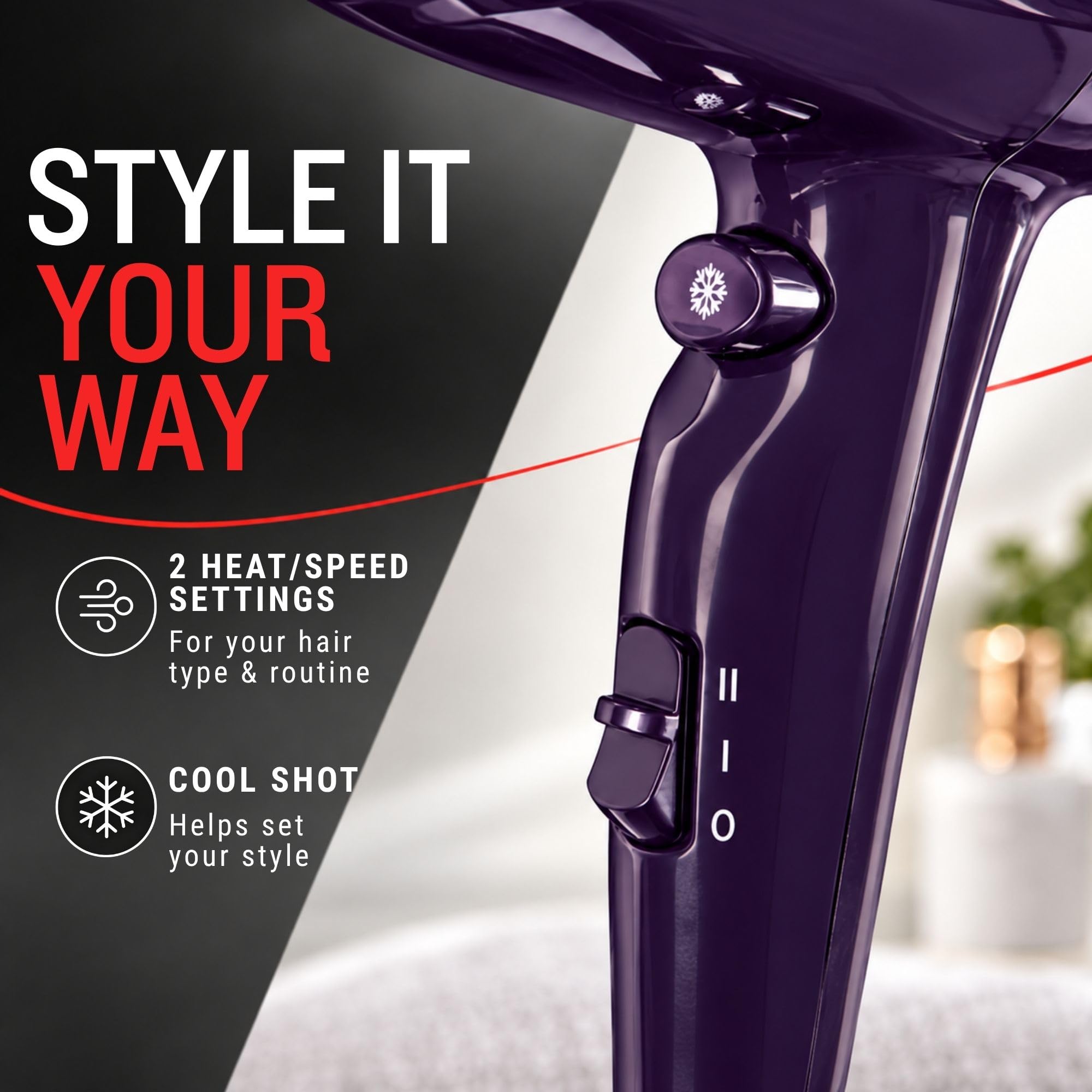 Remington Cool Shot button detail to lock styles and reduce flyaways