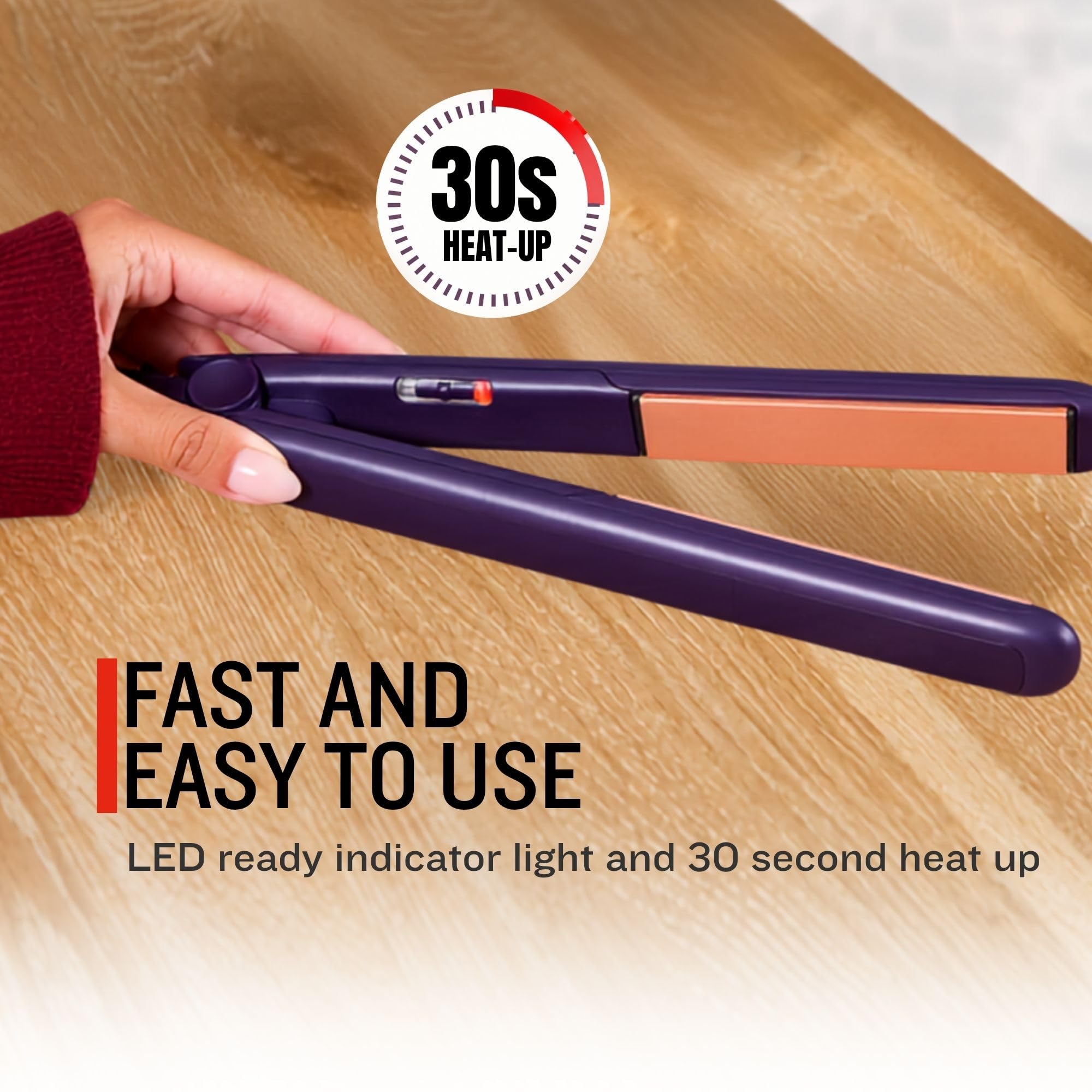 Remington flat iron held in hand showing compact travel-friendly scale