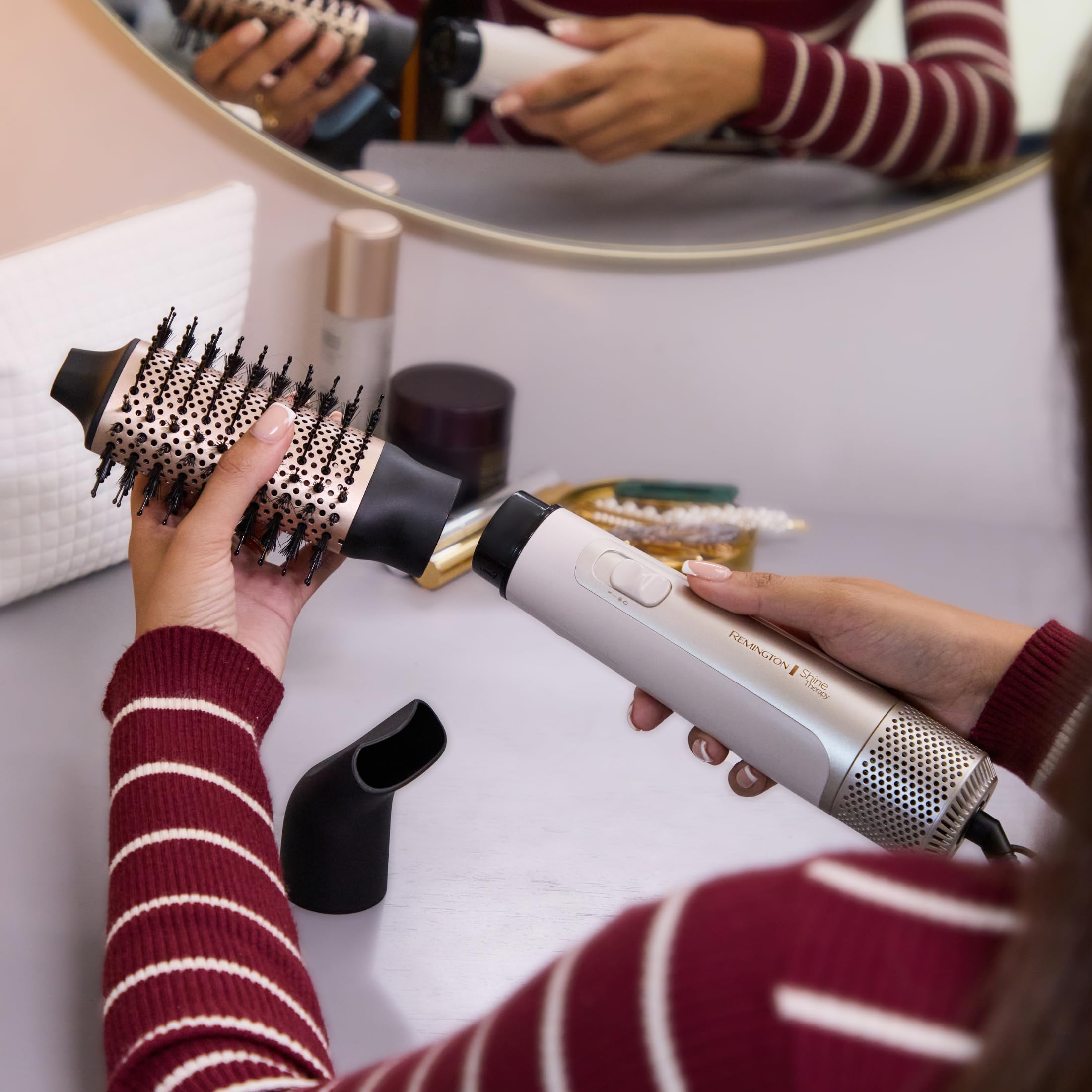 Remington finished glossy hair in lifestyle scene showing salon-like shine benefit