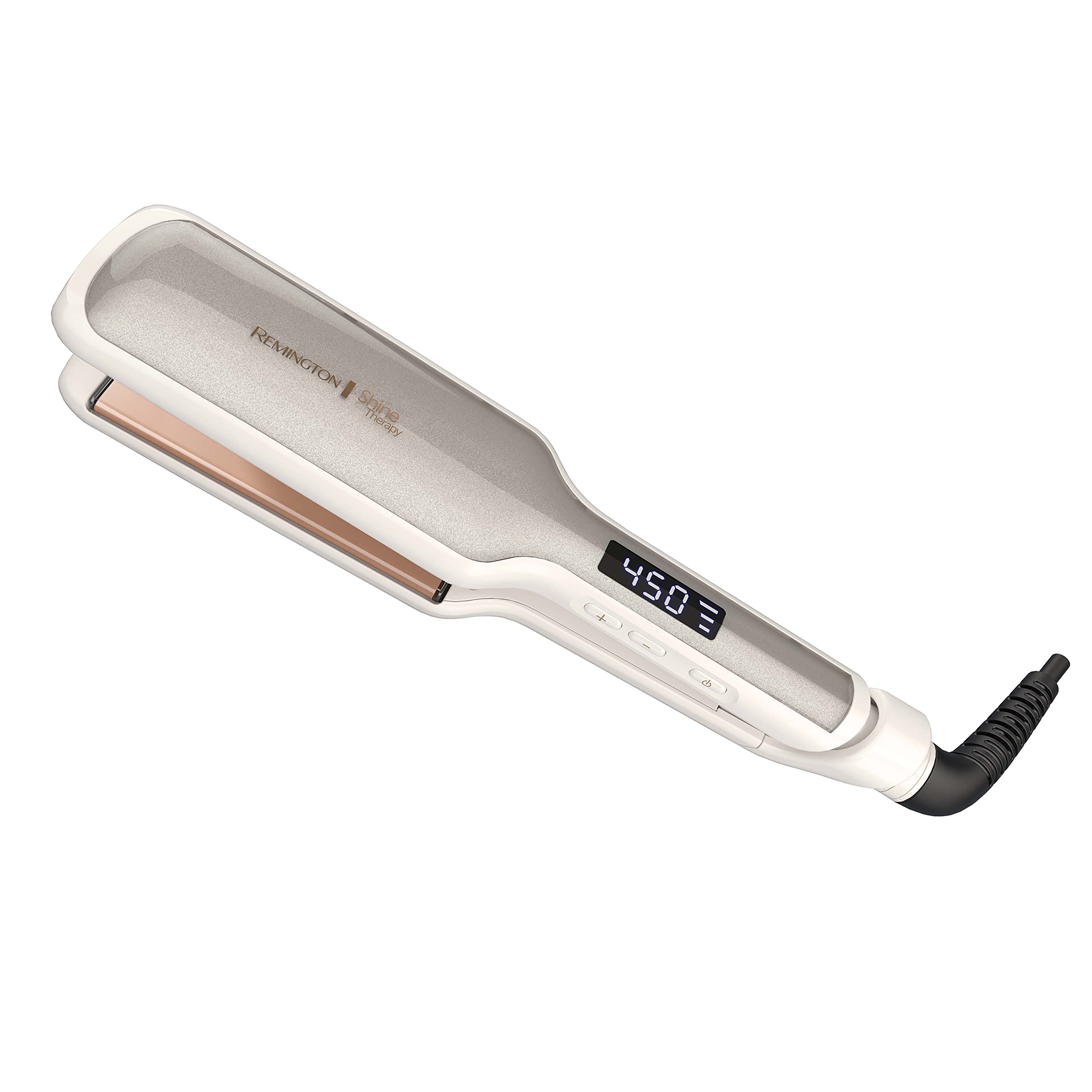 Remington front view of straightener showing sleek design and glossy finish benefit