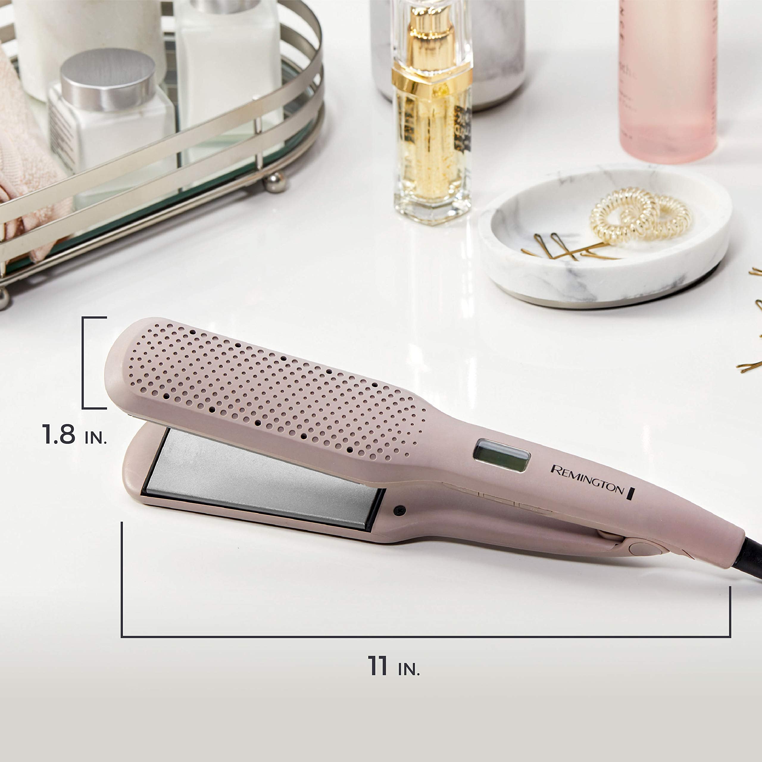 Remington heated plate with 450°F indicator showing salon-level heat benefit