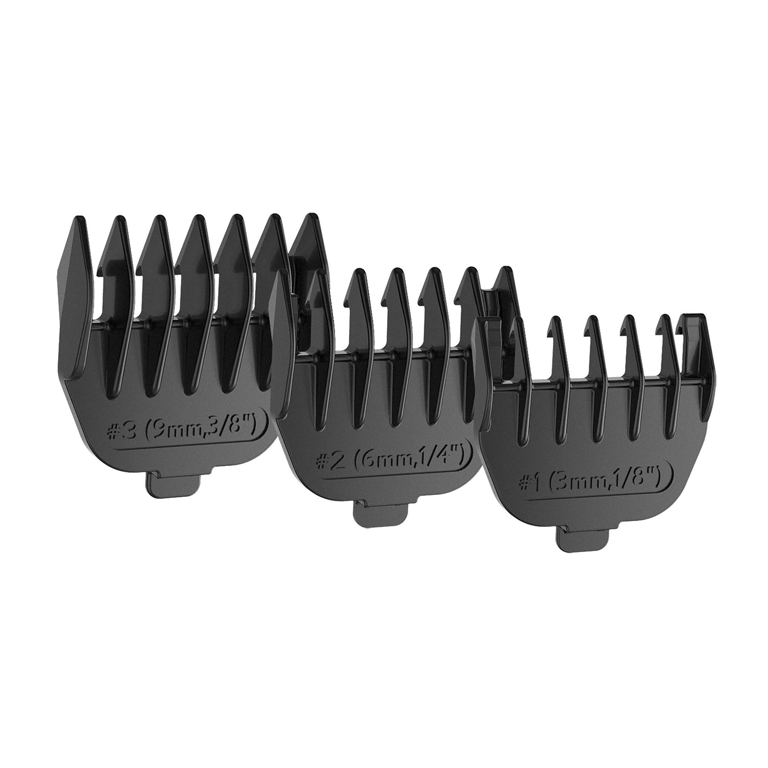 Remington three combs laid out showing length options for styling