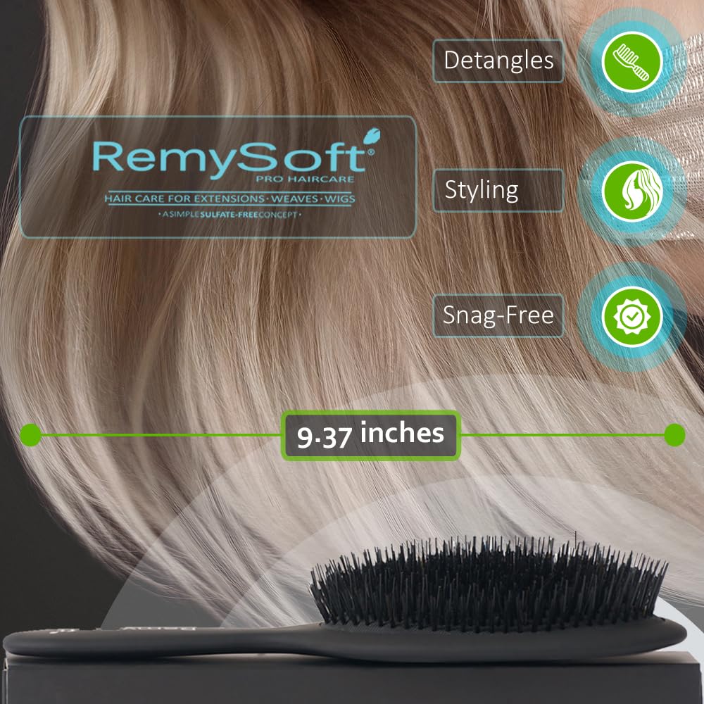 RemySoft brush smoothing hair strands in use to reduce frizz and add polish