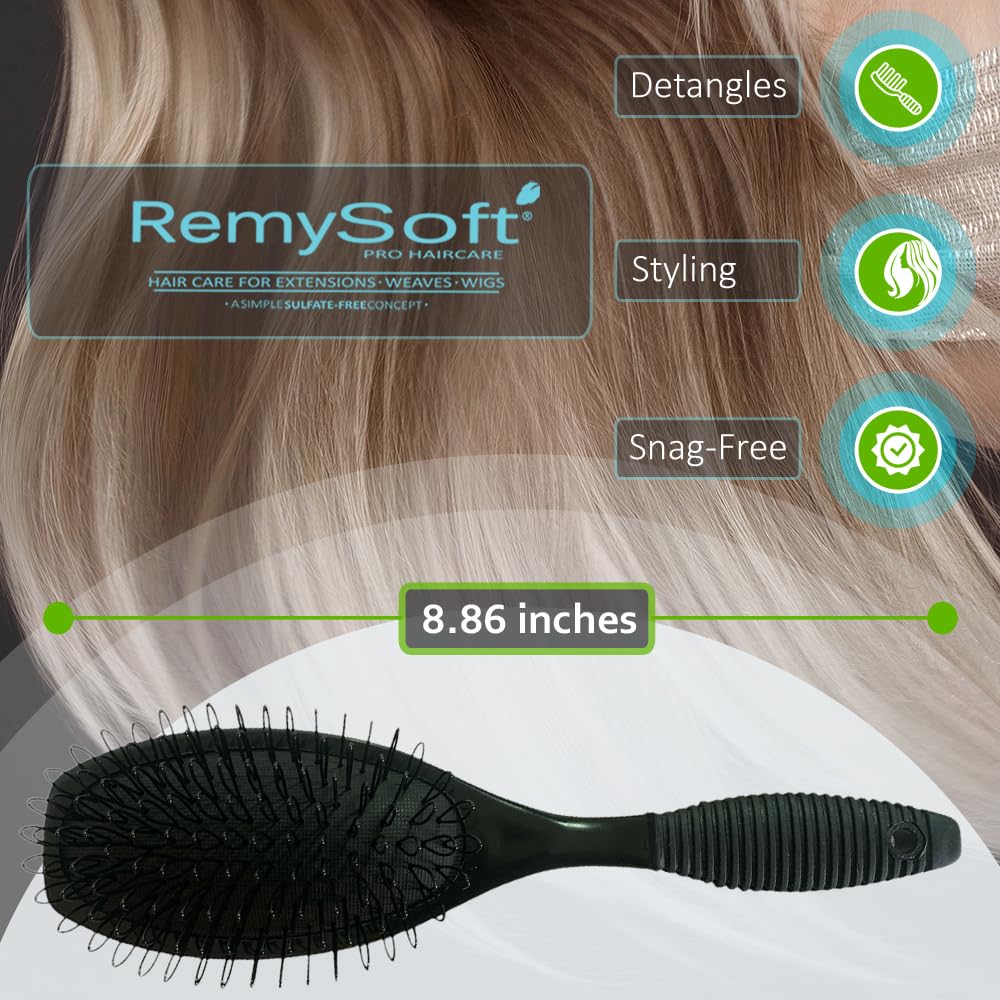 RemySoft brush used on a wig on a stand to detangle without damaging the cap