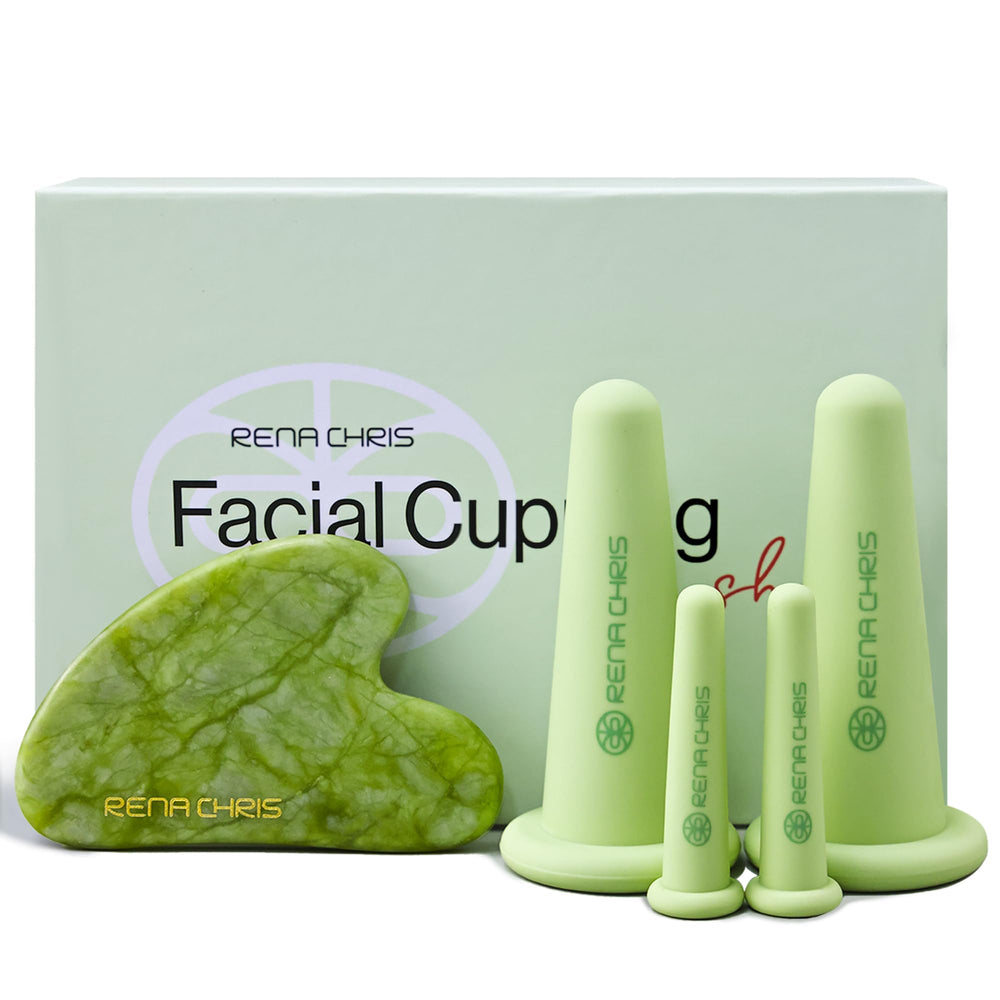 Rena Chris front packaging showing full cupping and gua sha kit for gift-ready presentation