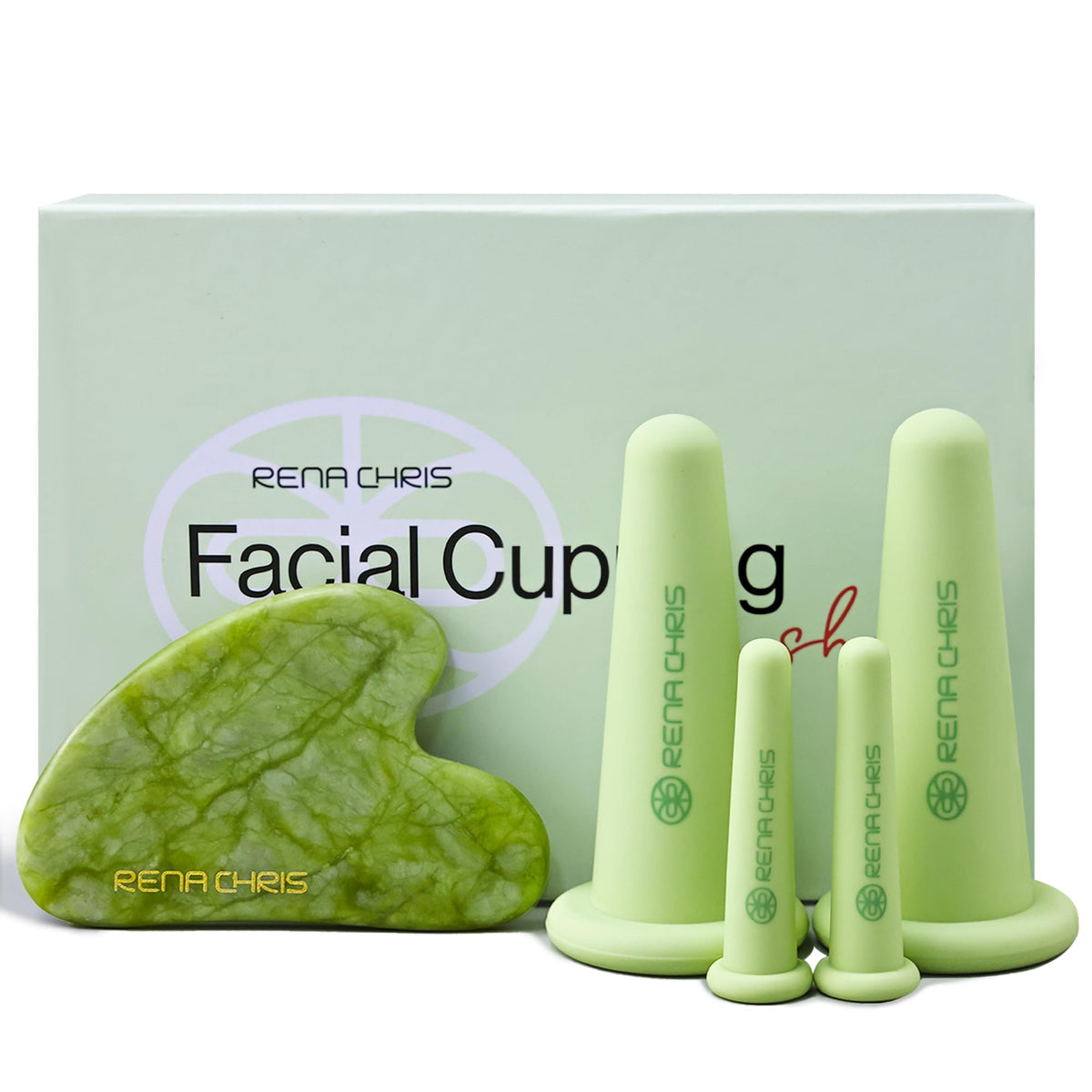 Rena Chris front packaging showing full cupping and gua sha kit for gift-ready presentation