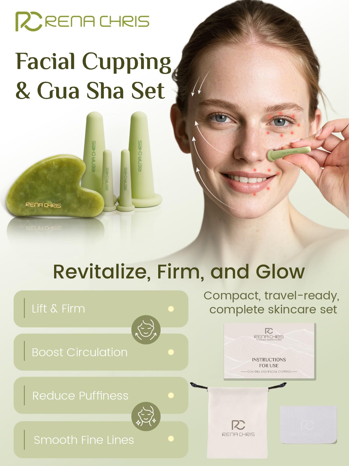 Rena Chris natural jade gua sha close-up highlighting smooth stone for soothing massage