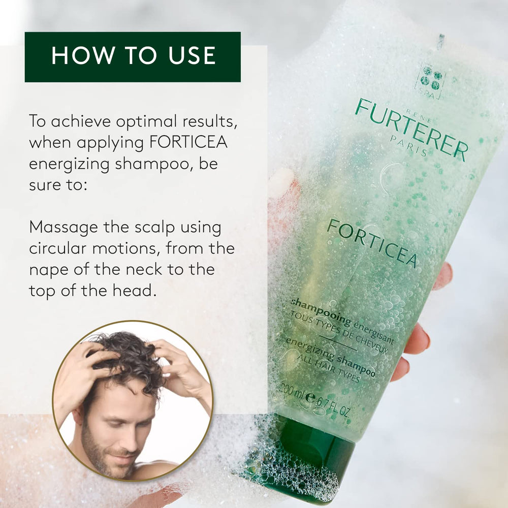 René Furterer shampoo applied to wet hair showing energizing effect