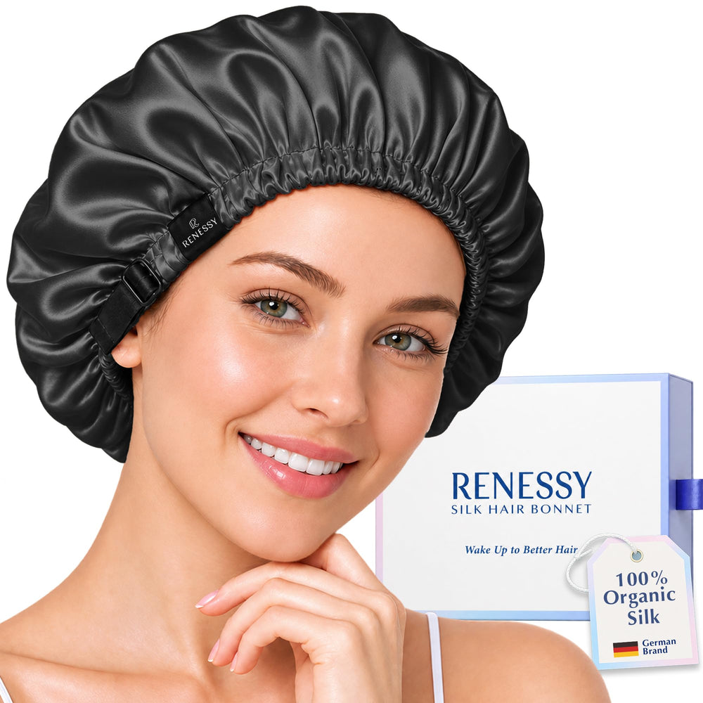 RENESSY bonnet front view showing smooth silk and secure edge for comfortable wear