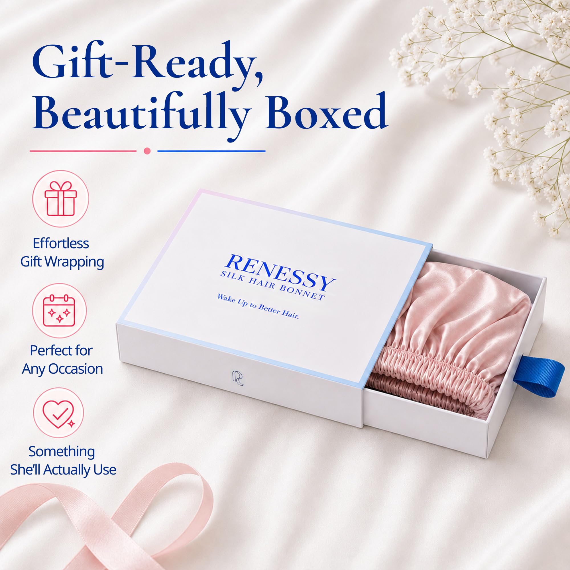 RENESSY bonnet gift box presentation showing ready-to-give packaging and care card