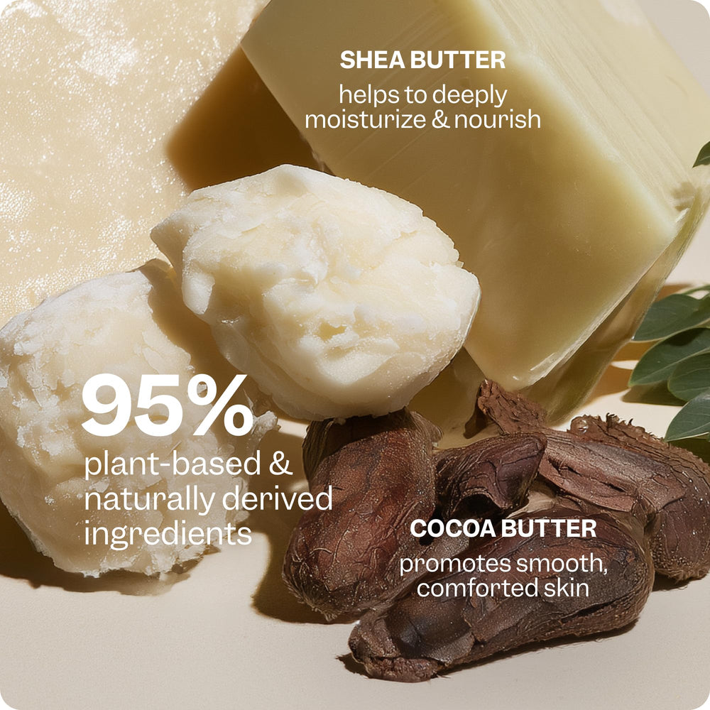 RENPURE cocoa and shea butter ingredients displayed highlighting nourishing properties