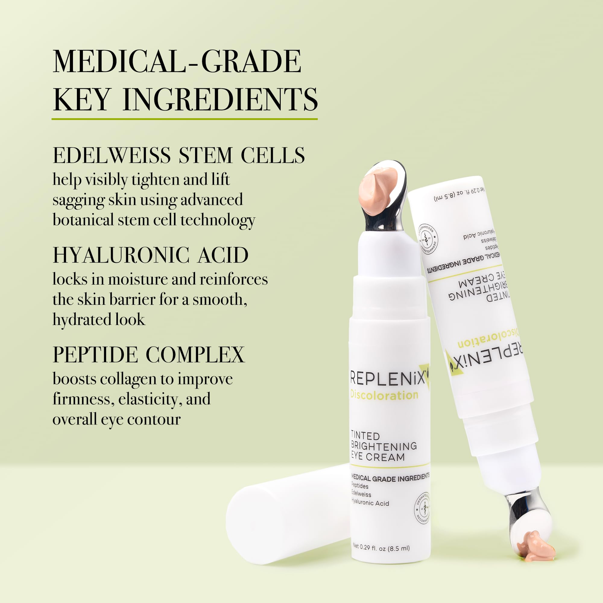 Replenix application demo patting tinted eye cream under eye for brightening