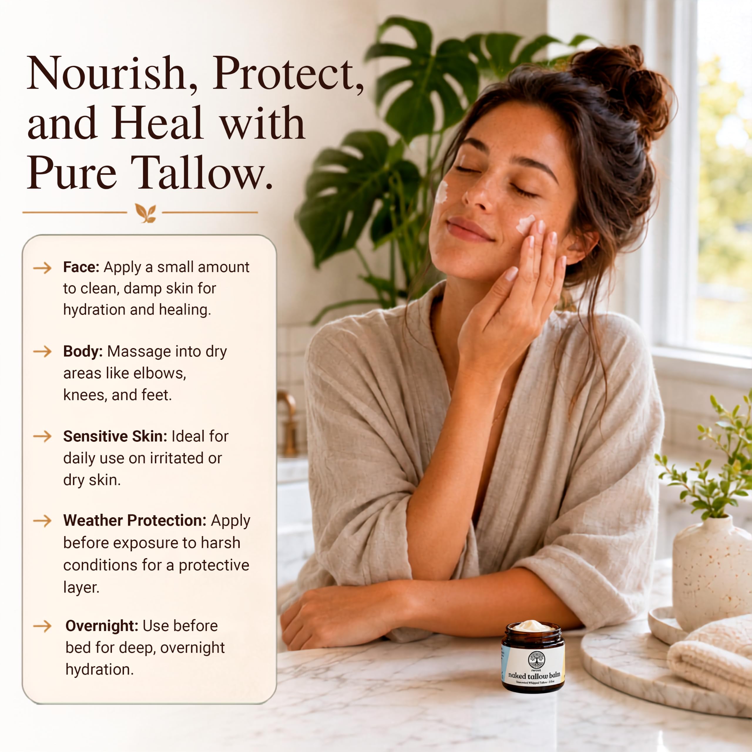 Reroot Organics jar on bathroom shelf suggesting daily self-care ritual
