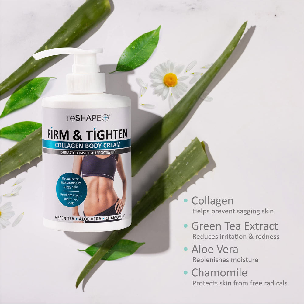 Reshape+ label closeup listing key botanical extracts and collagen support