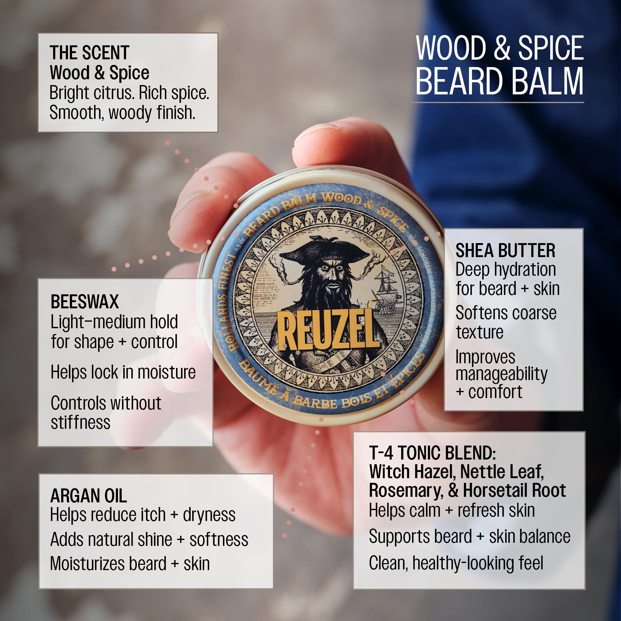 REUZEL lifestyle shot with beard groomed, highlighting scent and soft finish