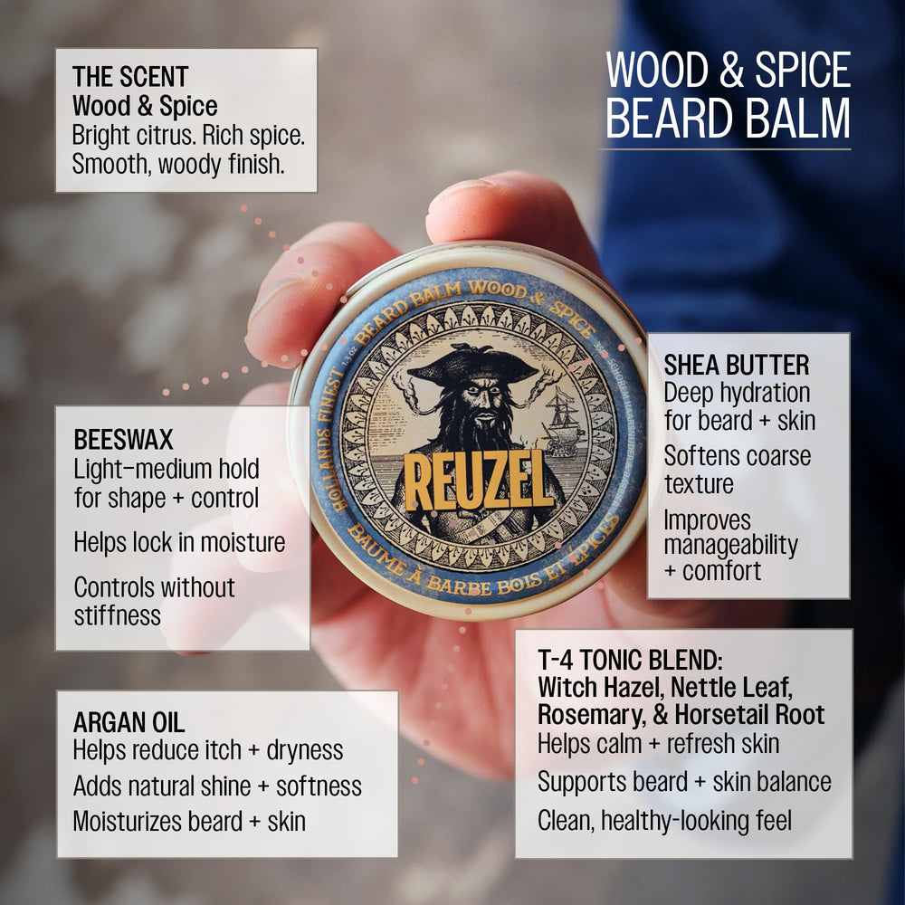 REUZEL lifestyle shot with beard groomed, highlighting scent and soft finish
