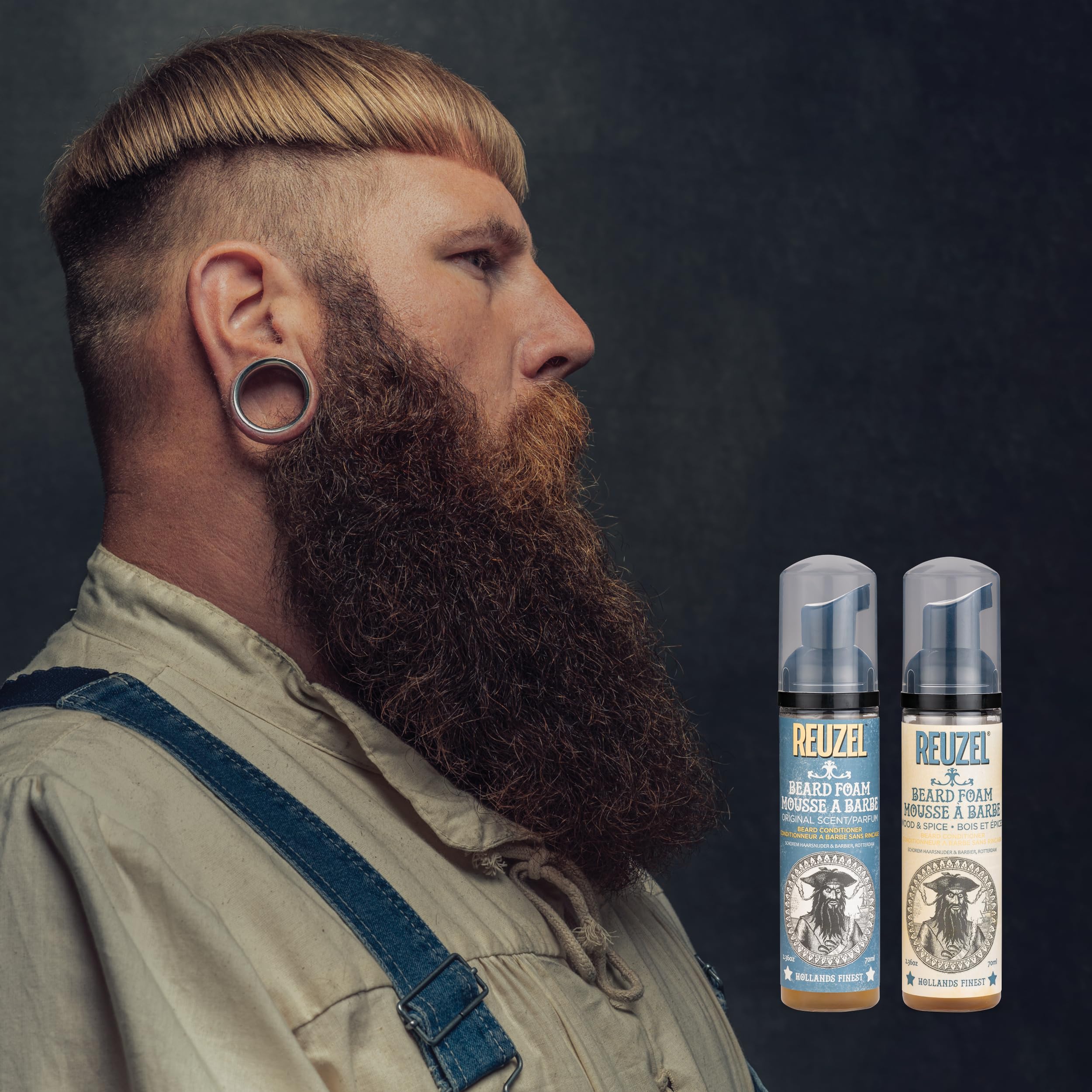 REUZEL beard foam in outdoor setting conveys long-lasting freshness benefit