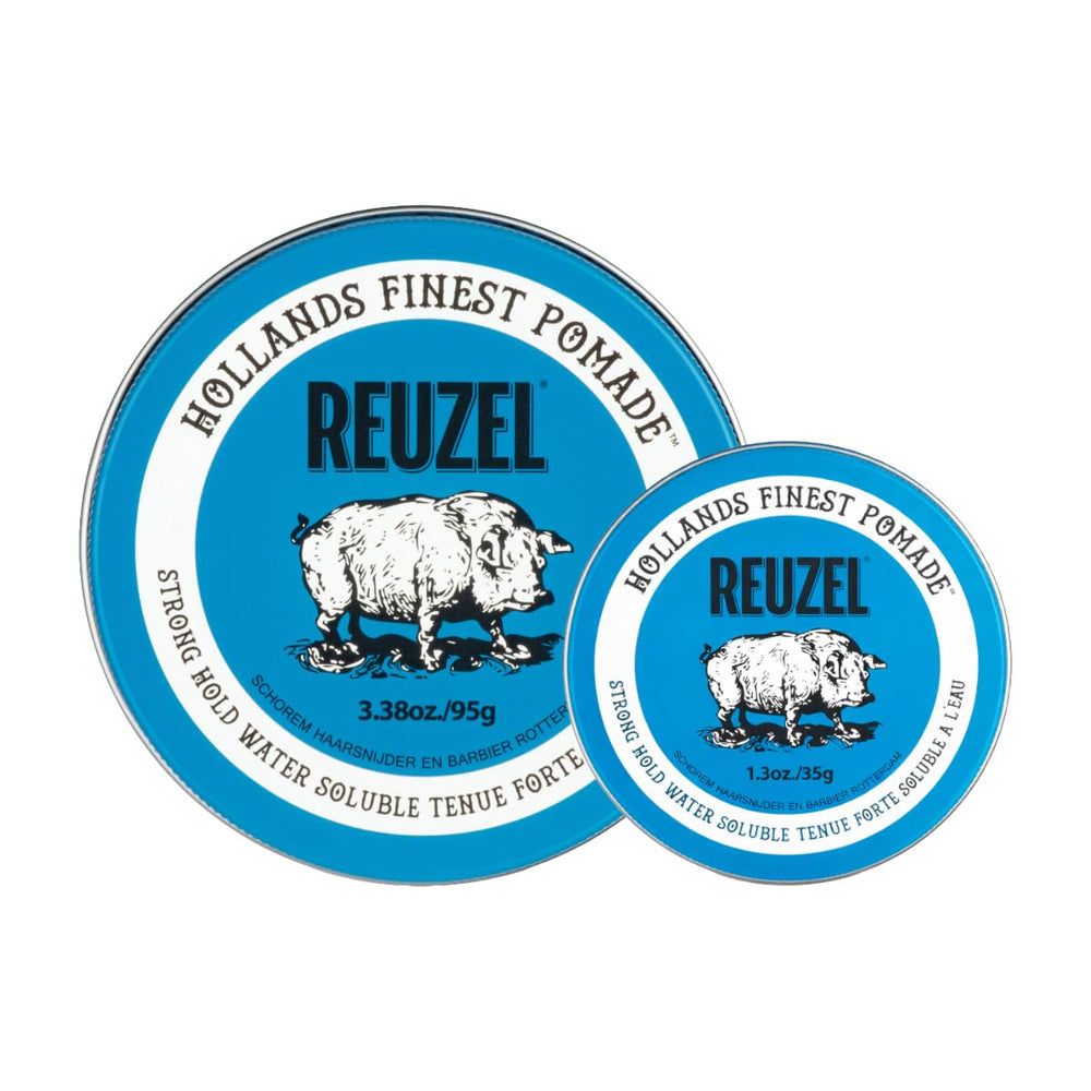 REUZEL blue pomade 95g jar front shows label and polish for easy styling