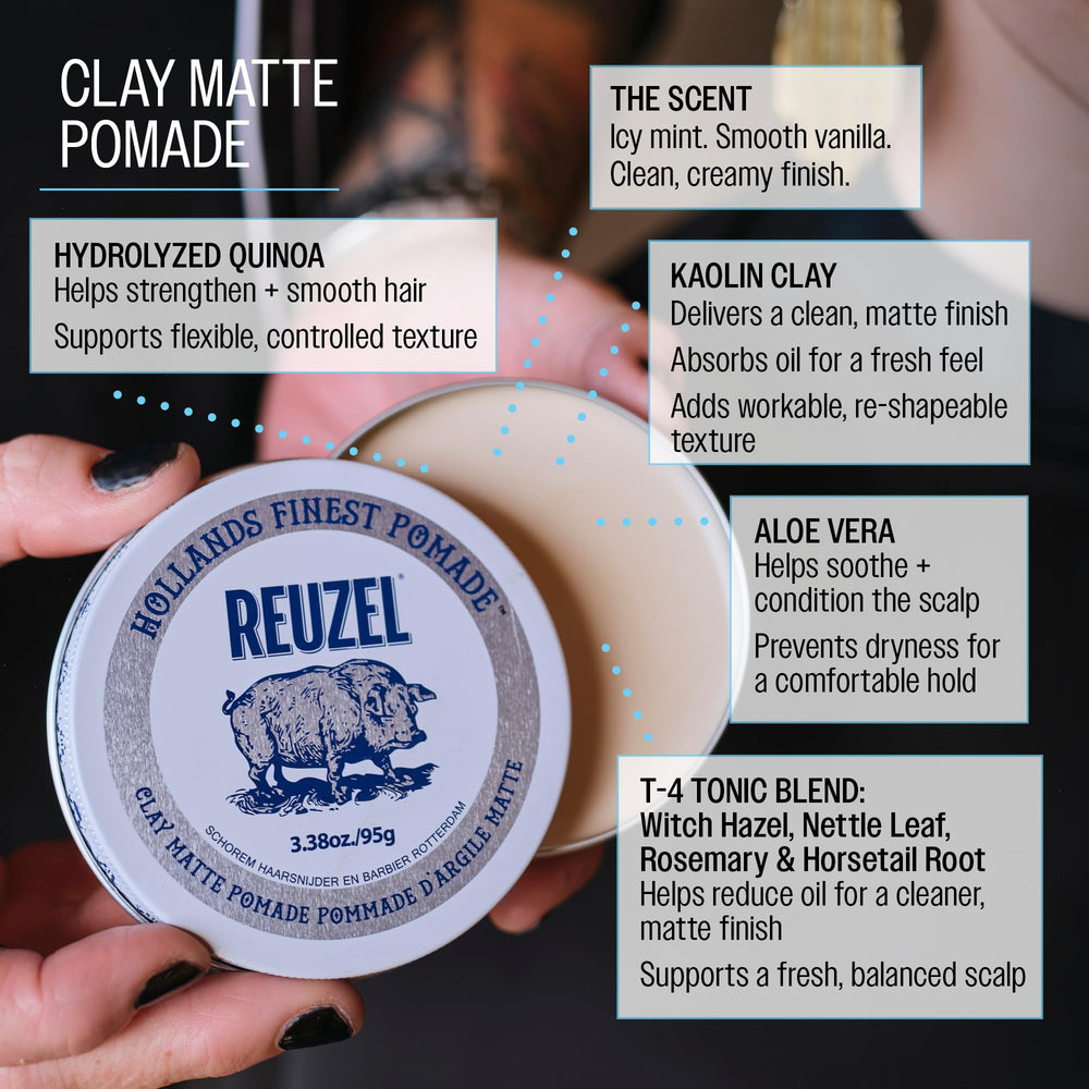 REUZEL lifestyle bathroom scene with pomade, suggests daily grooming routine
