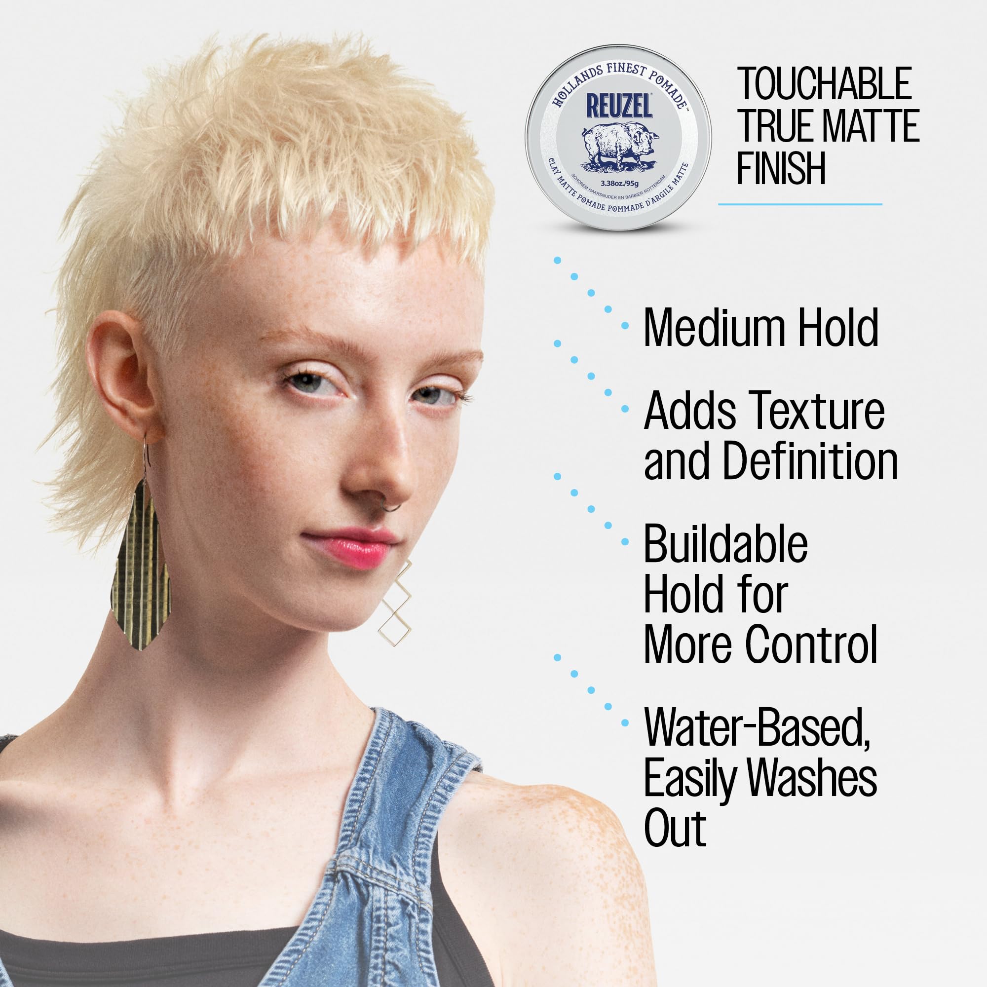 REUZEL styled hair before and after, displays improved texture and matte finish