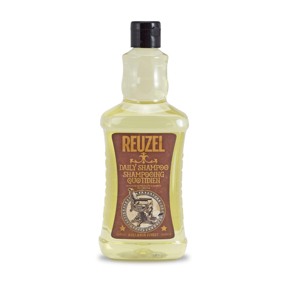 REUZEL bottle front view shows label and large 33.81 oz size, easy refill benefit