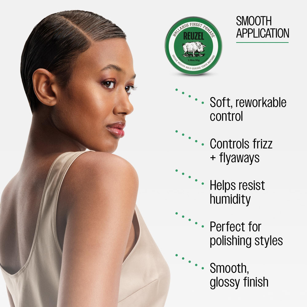 REUZEL being applied with a comb through hair, shows even distribution and hold