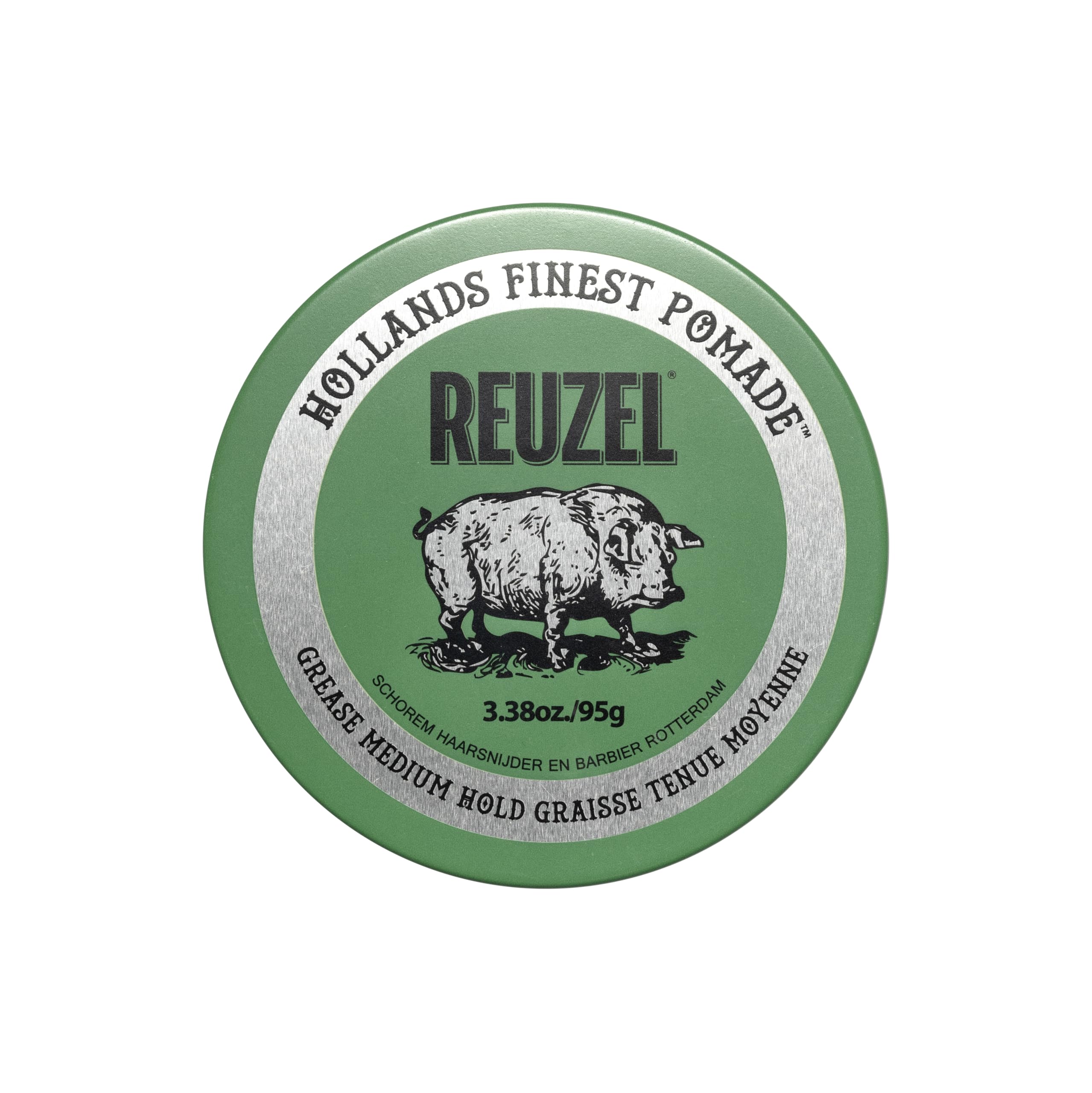 REUZEL jar front view showing label and compact size, highlights classic barber styling