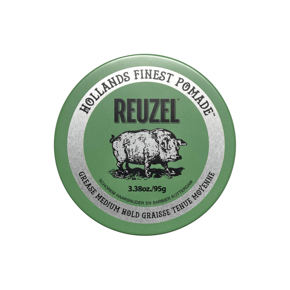 REUZEL jar front view showing label and compact size, highlights classic barber styling