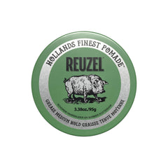 REUZEL jar front view showing label and compact size, highlights classic barber styling